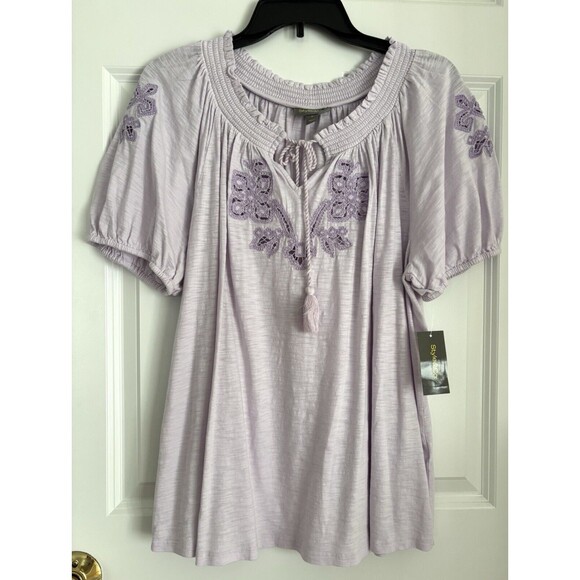 STYLE & CO. WOMEN'S TOP EMBROIDERED PAISANT BOHEMIAM, SHORT PUFF SLEEVES, 202 - Picture 1 of 6